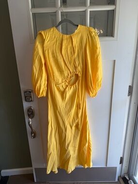 FARM Rio Sunny Yellow Puff-Sleeve Midi Dress with Side Cutout